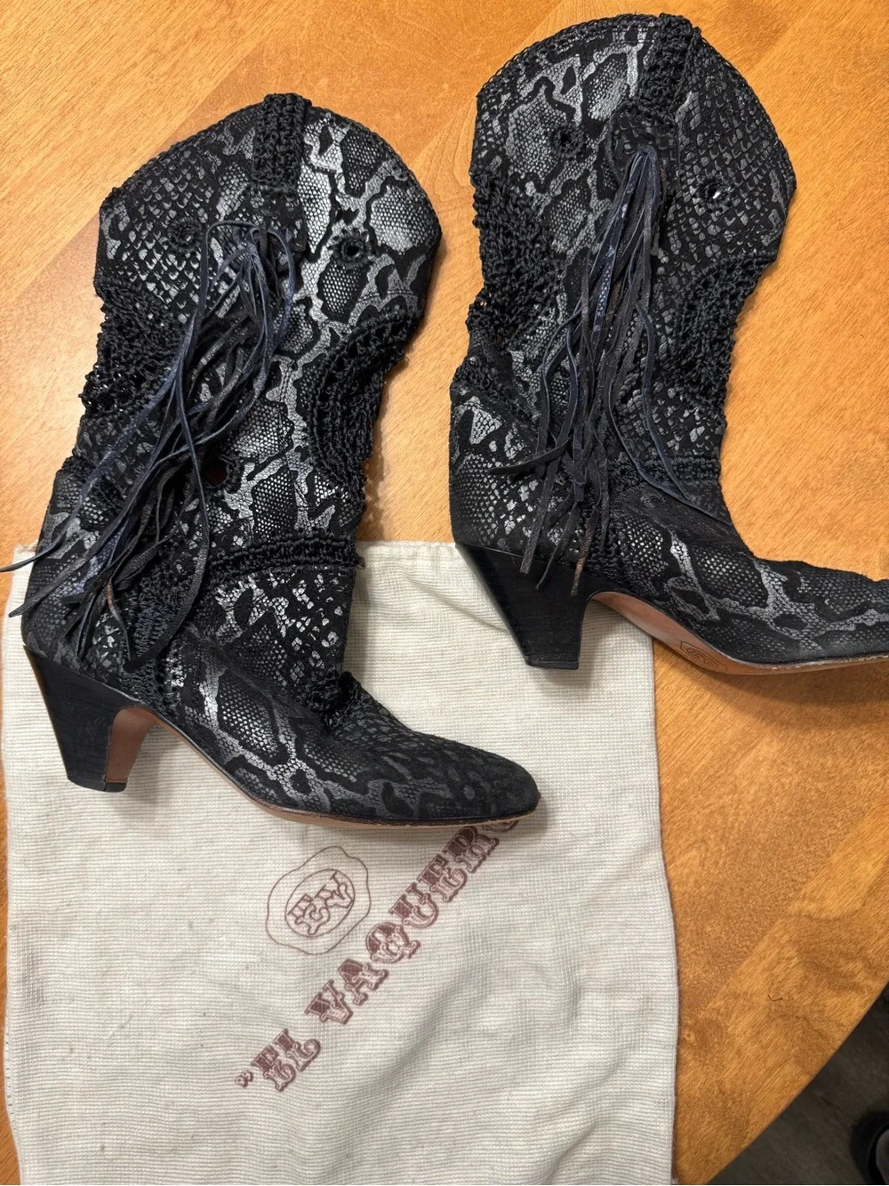 El Vaquero Black Snake-Print Lace-Up Ankle Booties